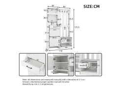 Armário branco com 2 gavetas, 2 portas, banco e ganchos, painel perfurado 110x35x175,5cm