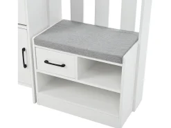 Armário branco com 2 gavetas, 2 portas, banco e ganchos, painel perfurado 110x35x175,5cm