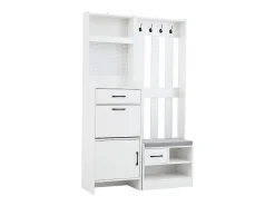 Armário branco com 2 gavetas, 2 portas, banco e ganchos, painel perfurado 110x35x175,5cm