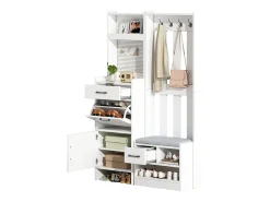Armário branco com 2 gavetas, 2 portas, banco e ganchos, painel perfurado 110x35x175,5cm
