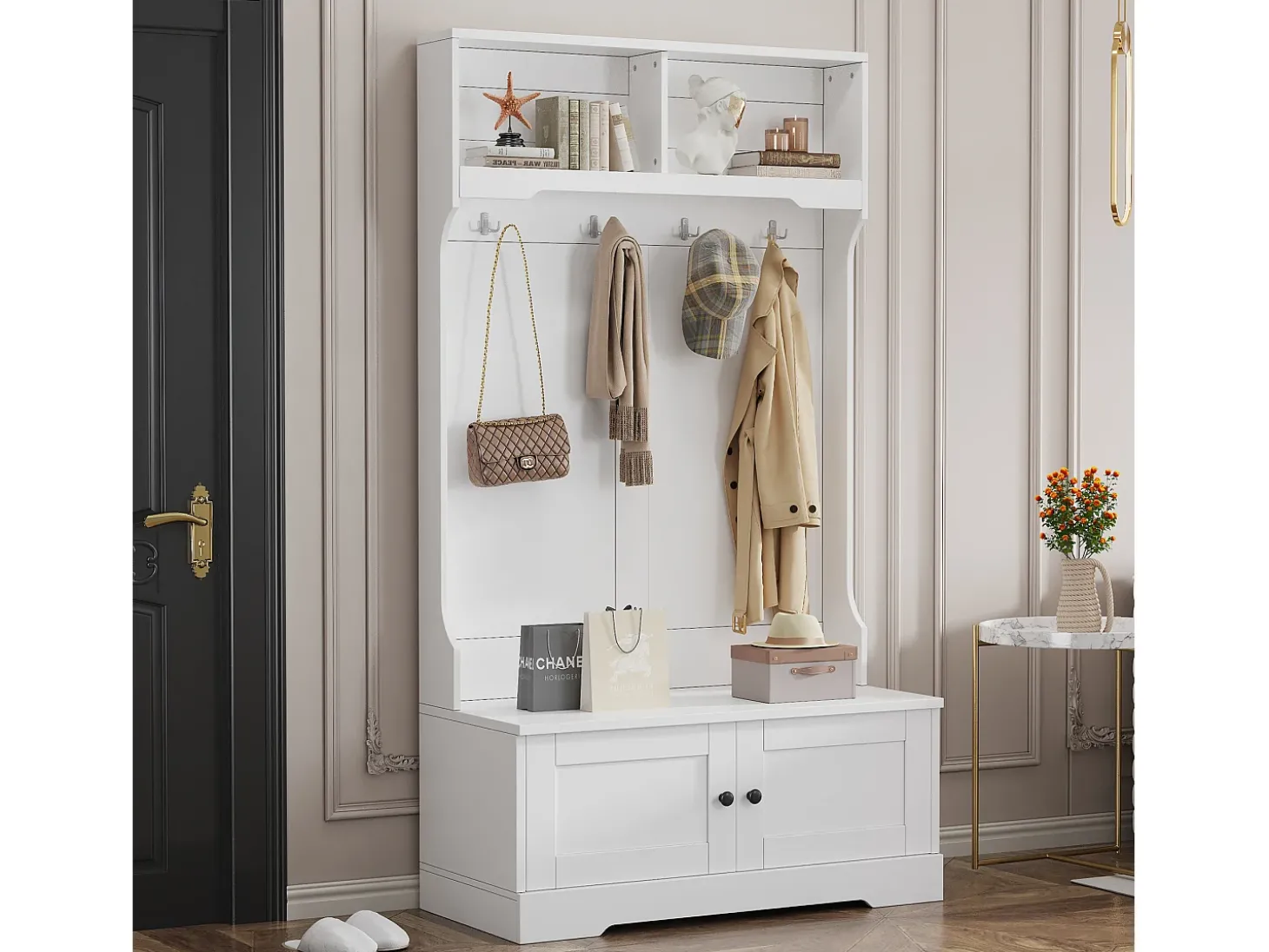 Armário branco com 2 portas e 4 ganchos, em aglomerado, estilo minimalista.