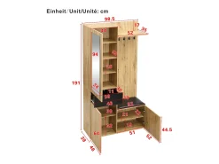 Armário com espelho - 98,5 x 38 x 191 cm - com sapateira + gaveta + 2 portas + banco - MDF - natural