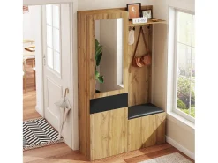Armário com espelho - 98,5 x 38 x 191 cm - com sapateira + gaveta + 2 portas + banco - MDF - natural