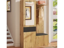 Armário com espelho - 98,5 x 38 x 191 cm - com sapateira + gaveta + 2 portas + banco - MDF - natural