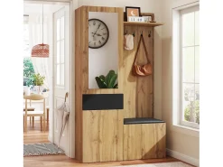 Armário com espelho - 98,5 x 38 x 191 cm - com sapateira + gaveta + 2 portas + banco - MDF - natural