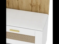 Armário com iluminação LED, espelho, 3 portas, 6 ganchos dourados e banco - Branco e madeira