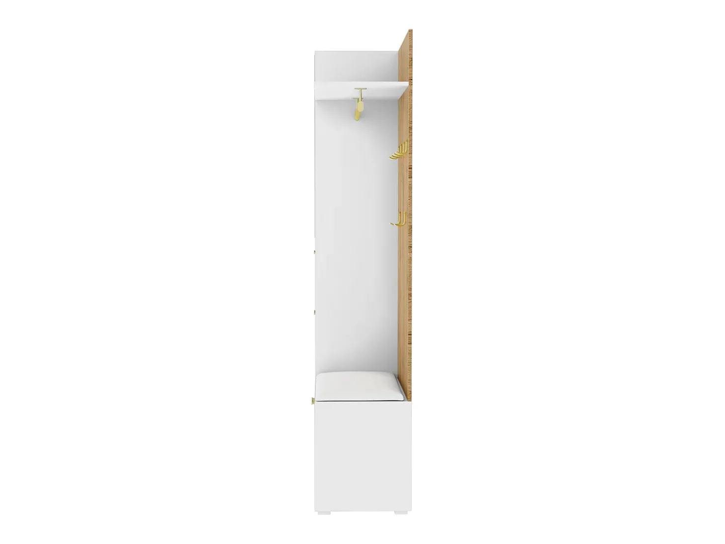 Armário com iluminação LED, espelho, 3 portas, 6 ganchos dourados e banco - Branco e madeira
