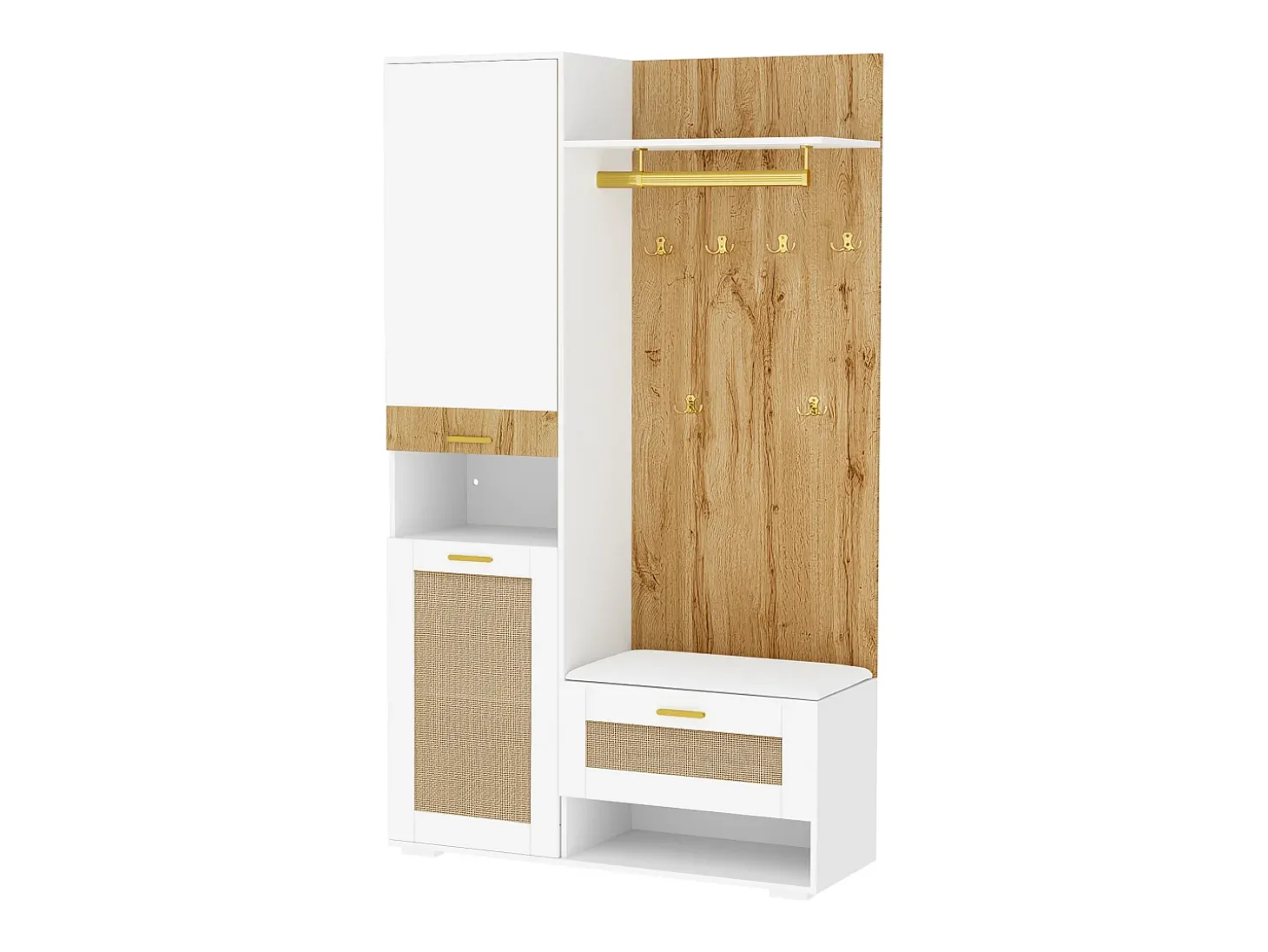 Armário com iluminação LED, espelho, 3 portas, 6 ganchos dourados e banco - Branco e madeira