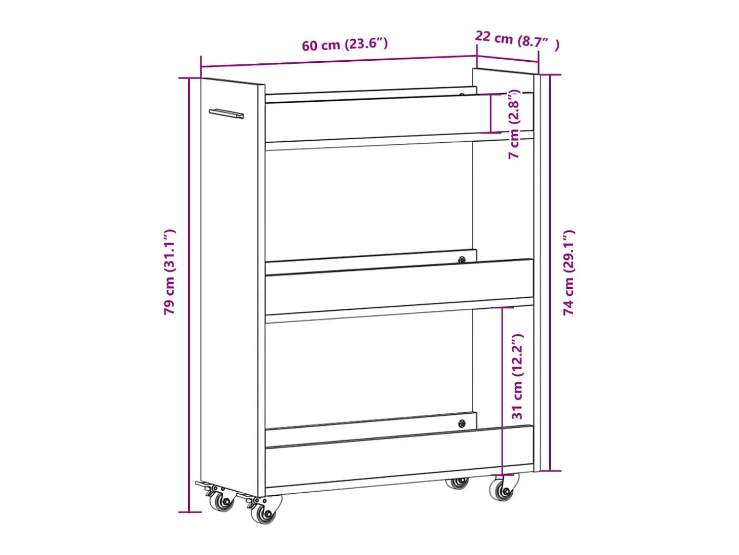 Armário com rodas 60x22x79 cm derivados de madeira branco
