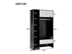 Armário compacto para hall de entrada - 105 x 40 x 185 cm - com 2 portas + 6 compartimentos + varão para pendurar roupas + gaveta - aglomerado - branco + preto