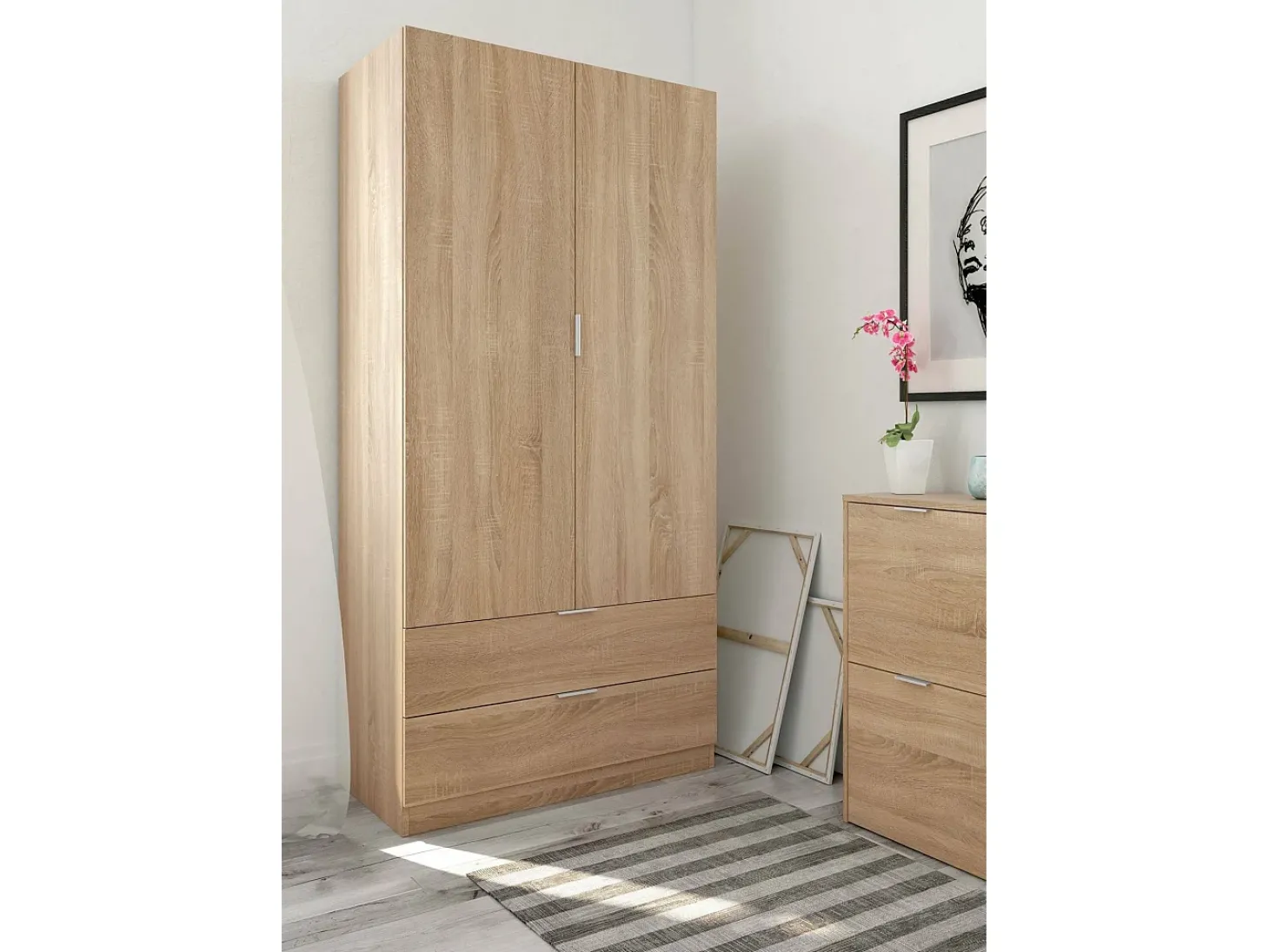Armário Darest, Armário de quarto com 2 portas e 2 gavetas, Móveis de quarto com barra suspensa, 81x52h180 cm, Carvalho