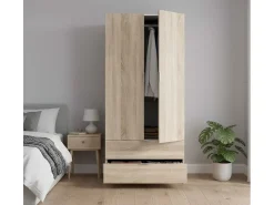Armário Darest, Armário de quarto com 2 portas e 2 gavetas, Móveis de quarto com barra suspensa, 81x52h180 cm, Carvalho