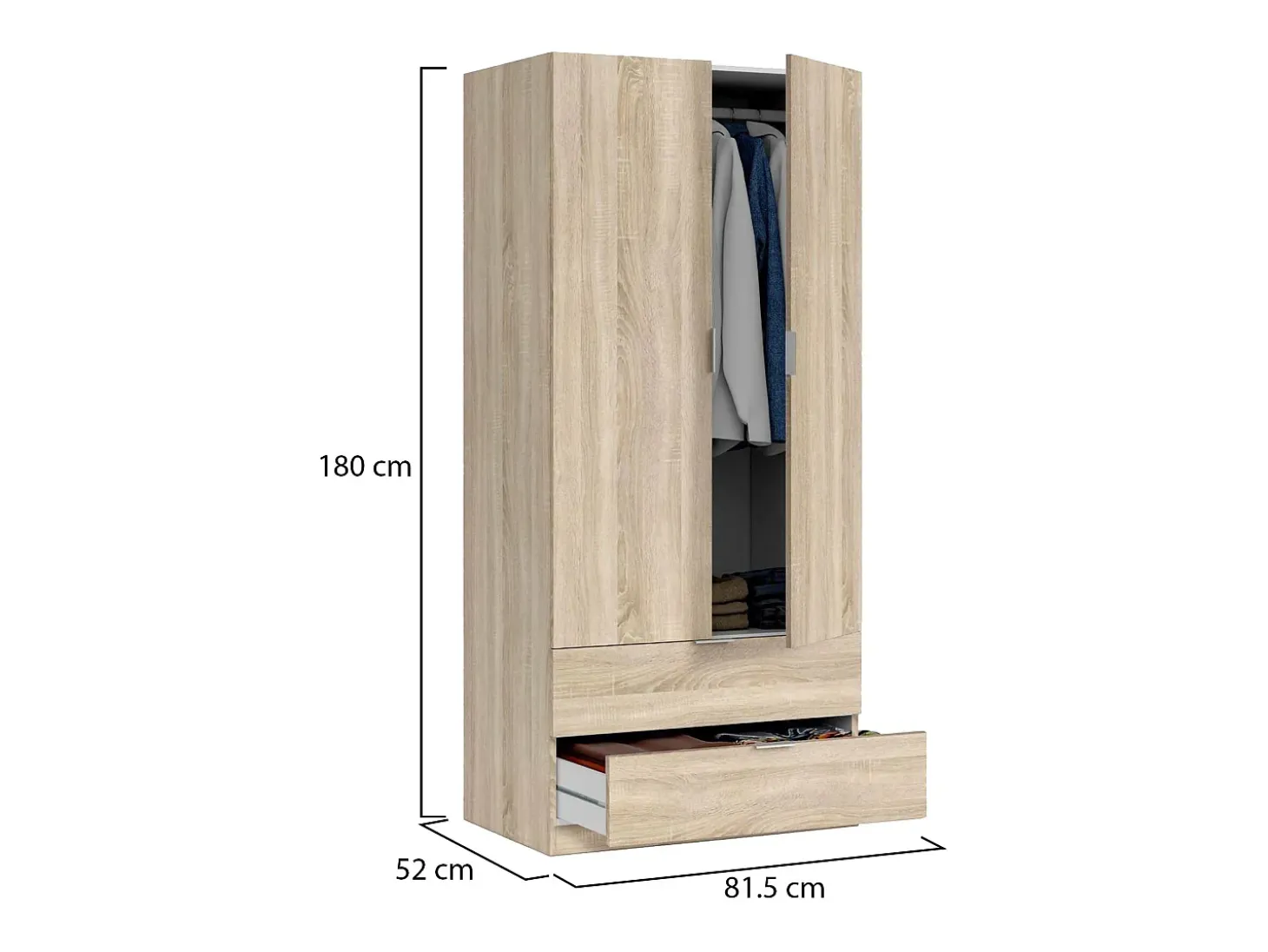 Armário Darest, Armário de quarto com 2 portas e 2 gavetas, Móveis de quarto com barra suspensa, 81x52h180 cm, Carvalho