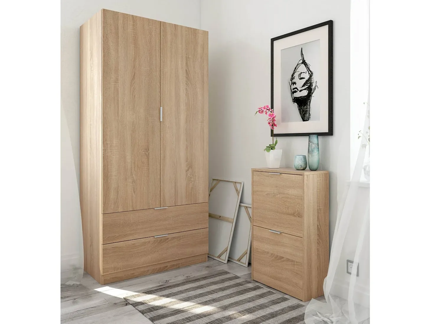 Armário Darest, Armário de quarto com 2 portas e 2 gavetas, Móveis de quarto com barra suspensa, 81x52h180 cm, Carvalho