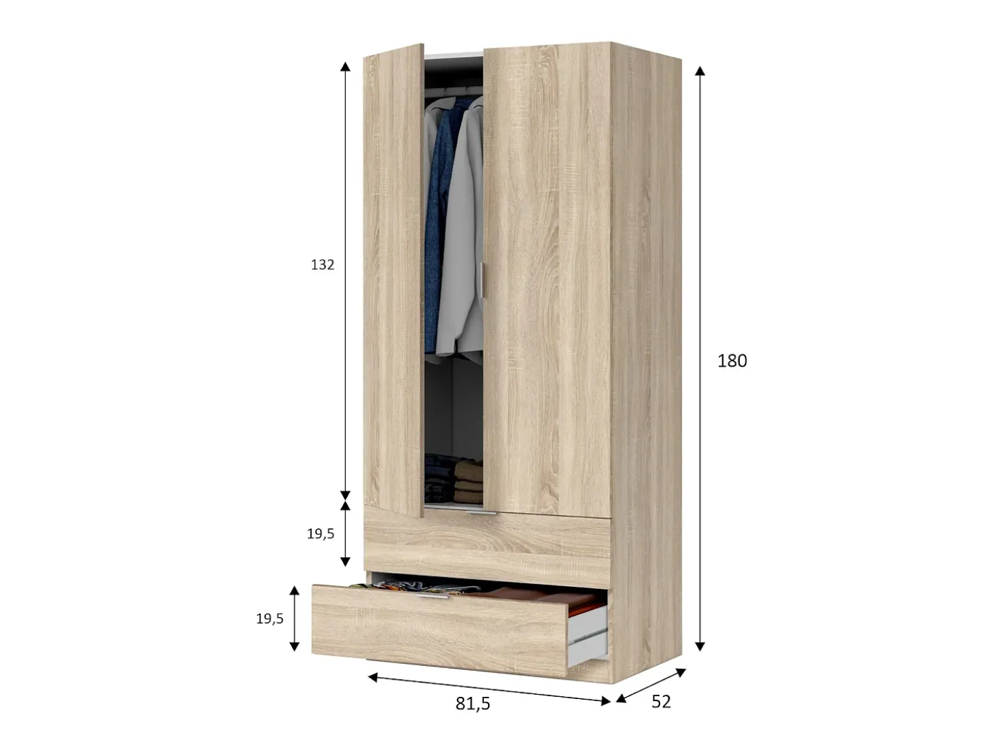 Armário Darest, Armário de quarto com 2 portas e 2 gavetas, Móveis de quarto com barra suspensa, 81x52h180 cm, Carvalho