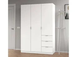 Armário Ddermak, guarda-roupa de quarto com 3 portas e 3 gavetas, armário com 3 prateleiras e varão, 135x52h200 cm, Branco