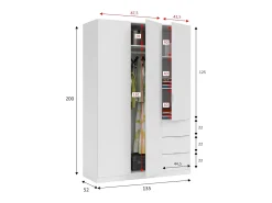 Armário Ddermak, guarda-roupa de quarto com 3 portas e 3 gavetas, armário com 3 prateleiras e varão, 135x52h200 cm, Branco
