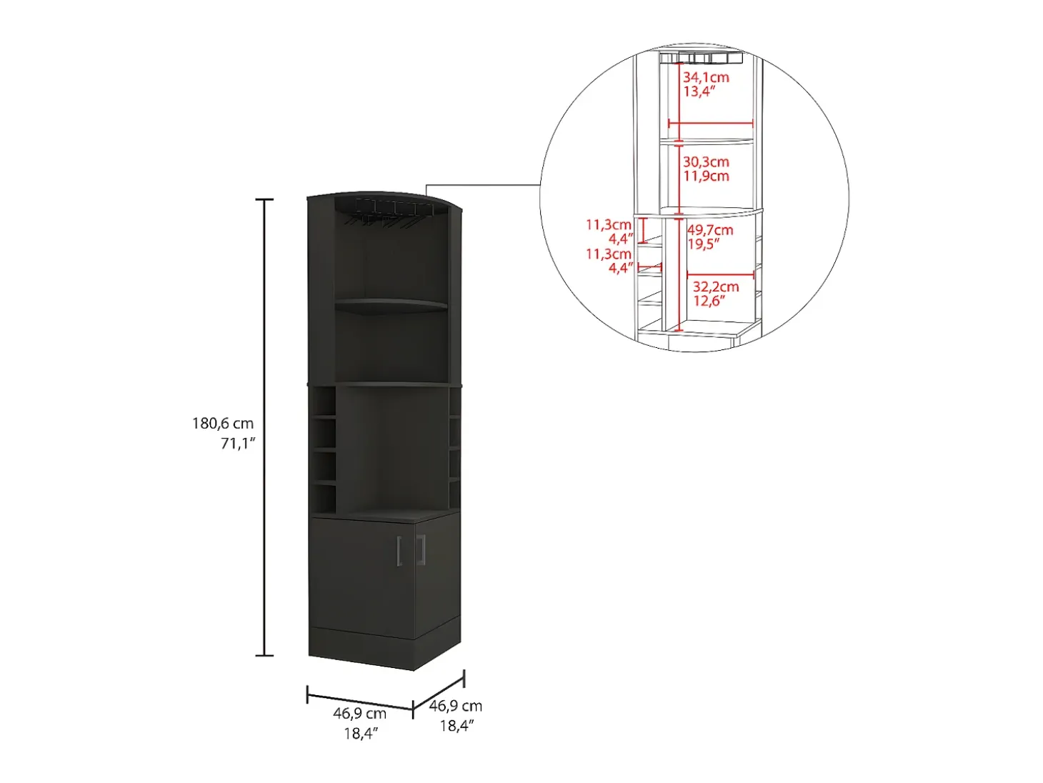 Armário de bar de canto Kava Beijing com prateleiras para garrafas , 180.6 cm X 46.9 cm X 46.9 cm , Preto