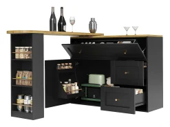Armário de bar extensível - 138-204 x 39 x 105 cm - com prateleira para lanches + 2 gavetas + 2 portas - MDF + Metal - preto
