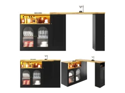 Armário de bar giratório - 4 portas e prateleiras de armazenamento - LEDs - Madeira MDF - Preto e Natural