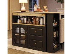 Armário de bar giratório - 204 x 39 x 104 cm - com 2 gavetas + 1 porta + 3 prateleiras para lanches - MDF - preto