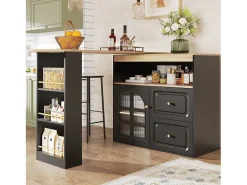 Armário de bar giratório - 204 x 39 x 104 cm - com 2 gavetas + 1 porta + 3 prateleiras para lanches - MDF - preto