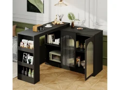 Armário de bar giratório - 3 portas e prateleiras de armazenamento - MDF, madeira e vidro - para sala de jantar ou sala de estar - preto