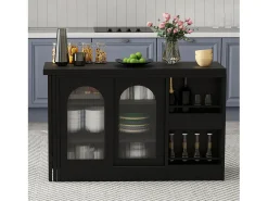 Armário de bar giratório preto - Mesa de bar com 2 portas de vidro e 2 compartimentos de arrumação abertos - tampo giratório