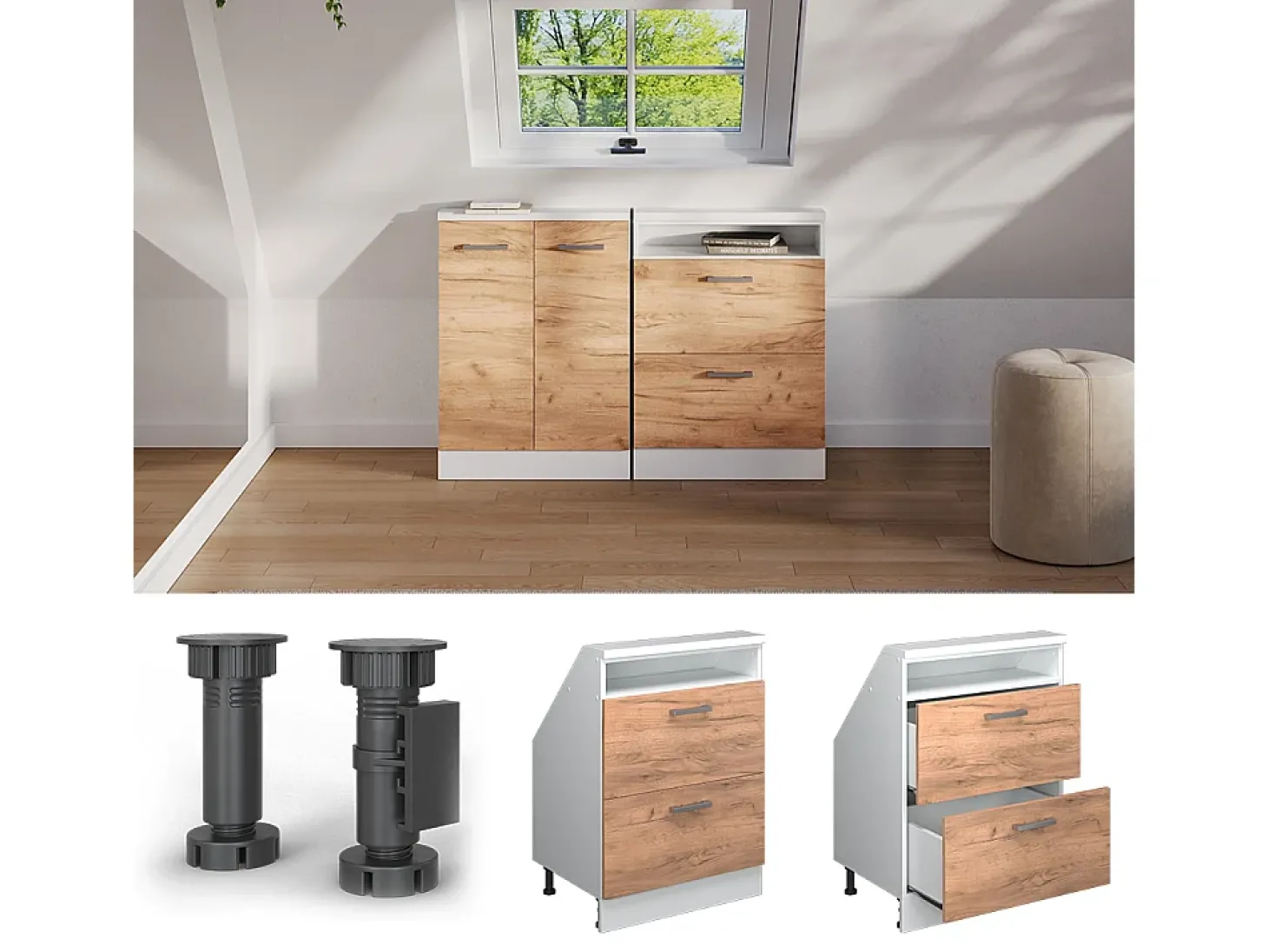 Armário de cozinha para sótão inclinado carvalho goldkraft 60x46x81.6 r-line