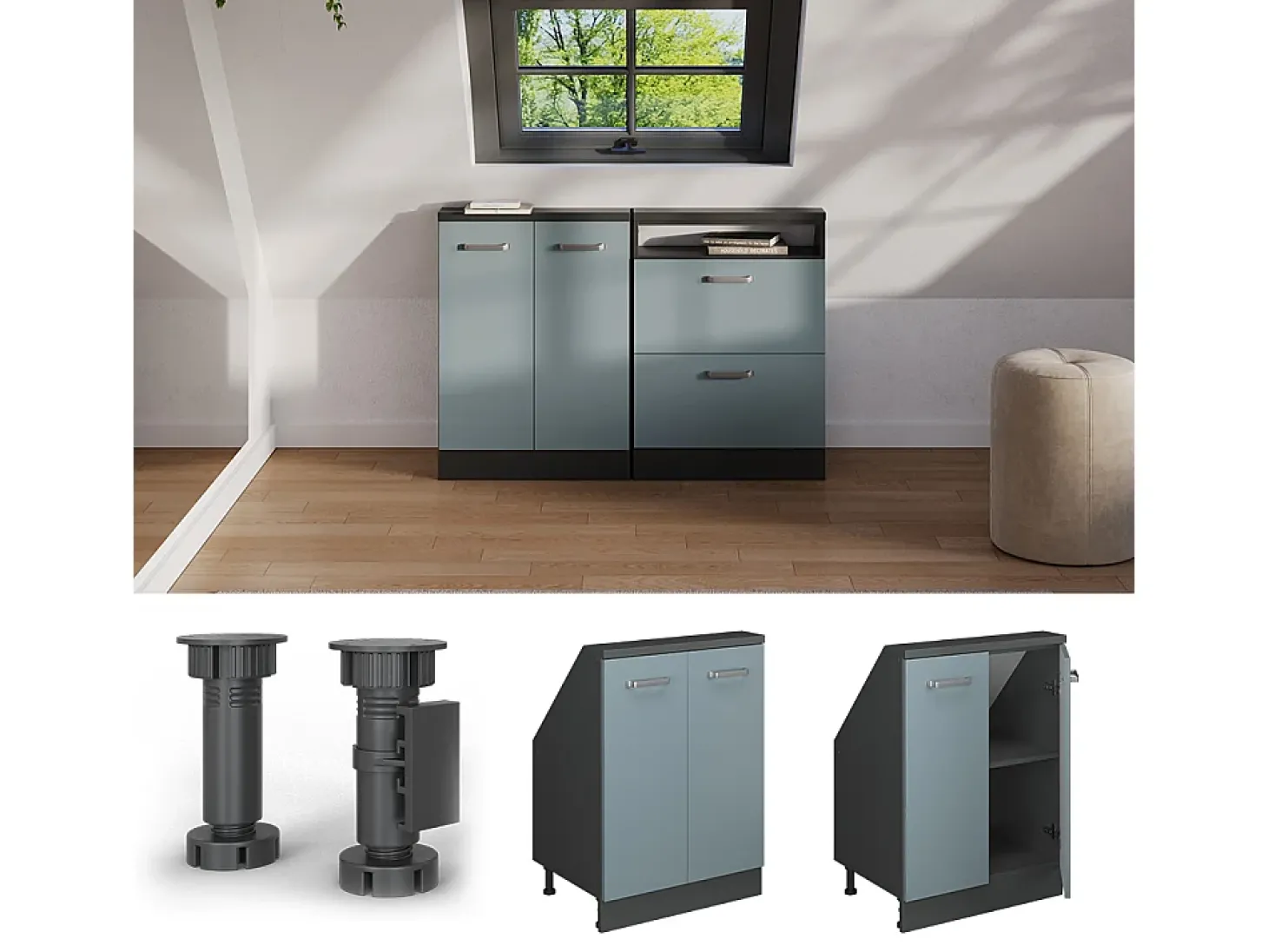 Armário de cozinha para sótão inclinado azul-cinza 60x46x81.6 r-line