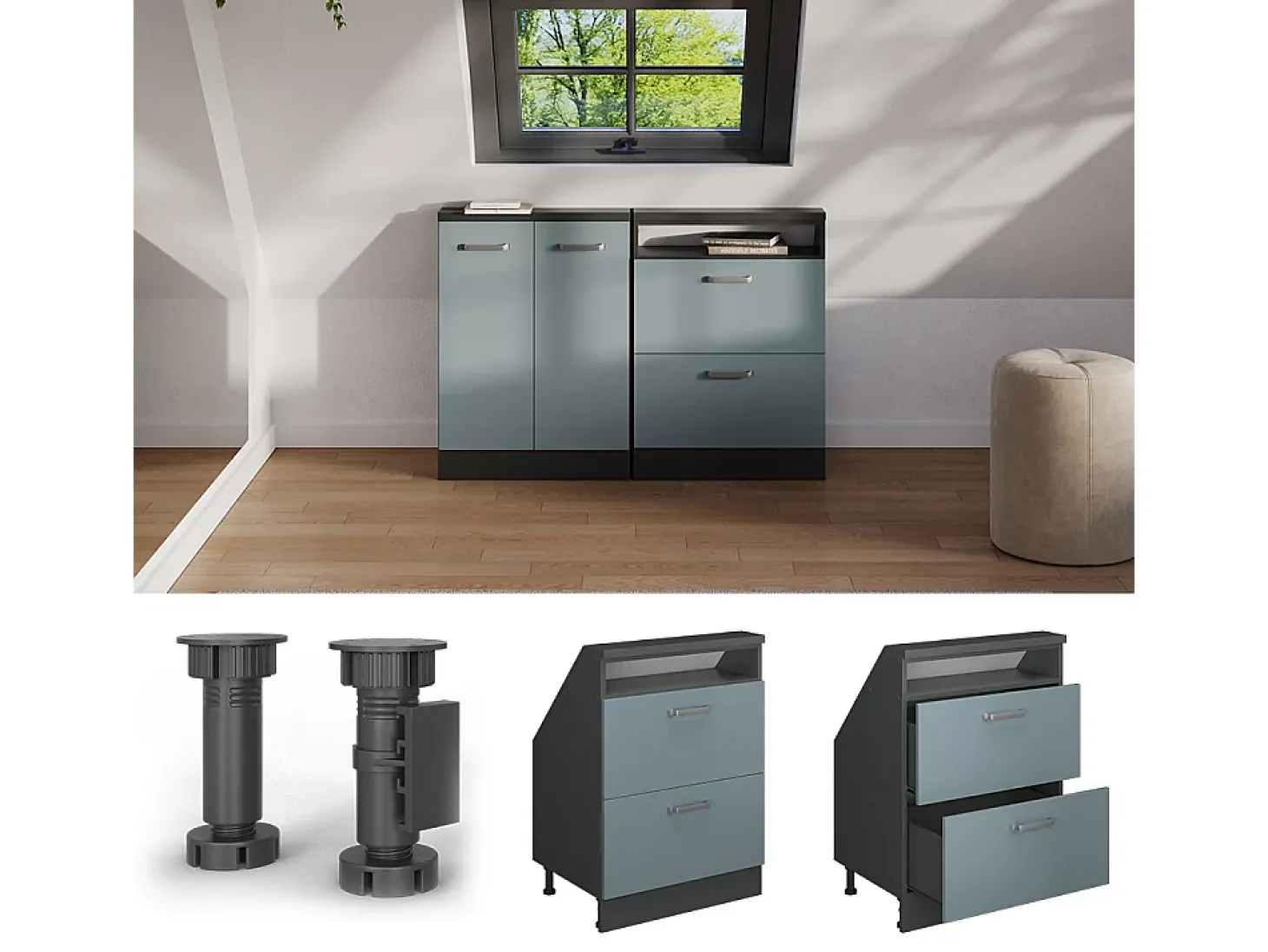 Armário de cozinha para sótão inclinado azul-cinza 60x46x81.6 r-line