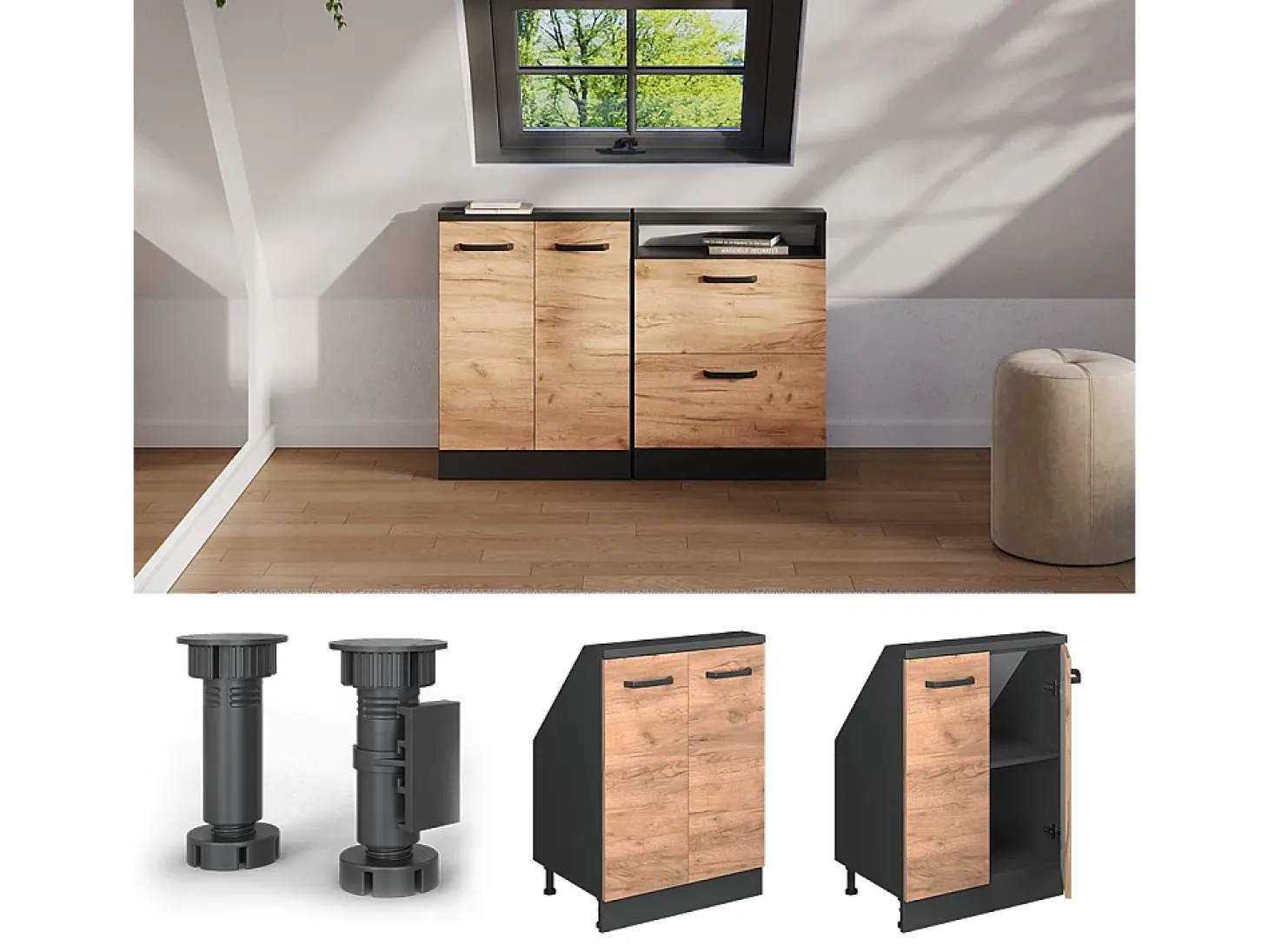 Armário de cozinha para sótão inclinado carvalho goldkraft 60x46x81.6 r-line