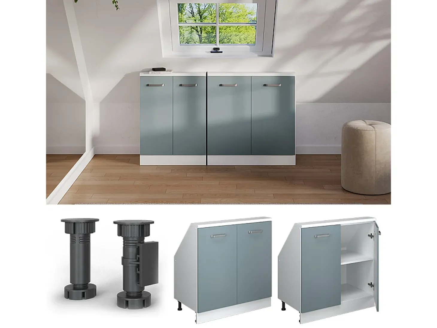 Armário de cozinha para sótão inclinado azul-cinza 80x46x81.6 r-line