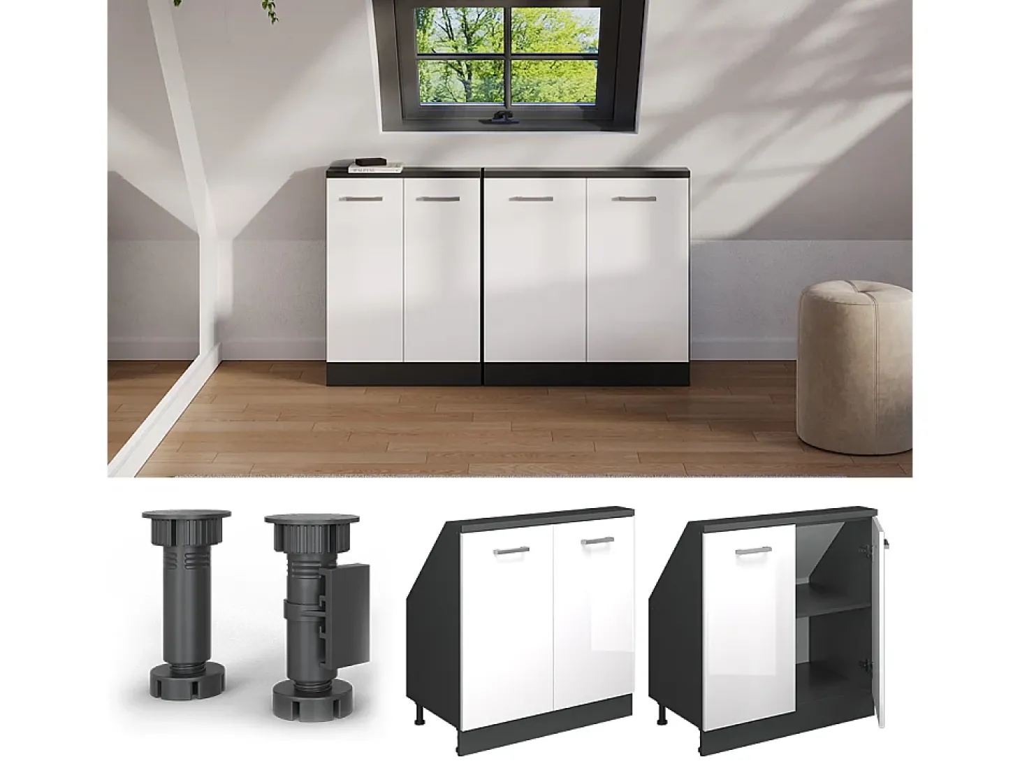 Armário de cozinha para sótão inclinado branco alto brilho 80x46x81.6 r-line