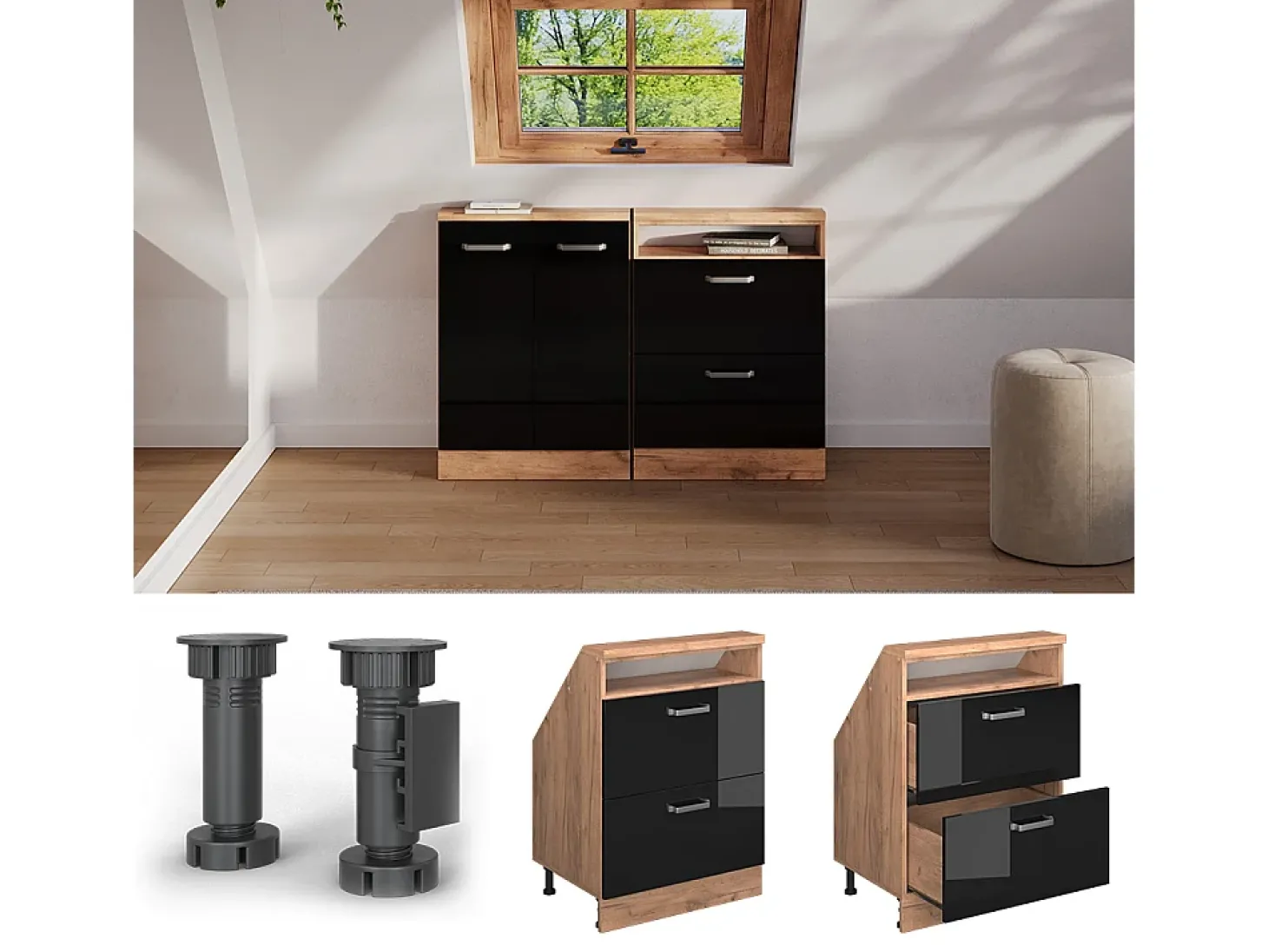 Armário de cozinha para sótão inclinado preto alto brilho 60x46x81.6 r-line