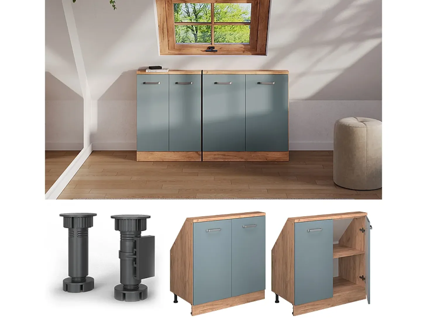 Armário de cozinha para sótão inclinado azul-cinza 80x46x81.6 r-line