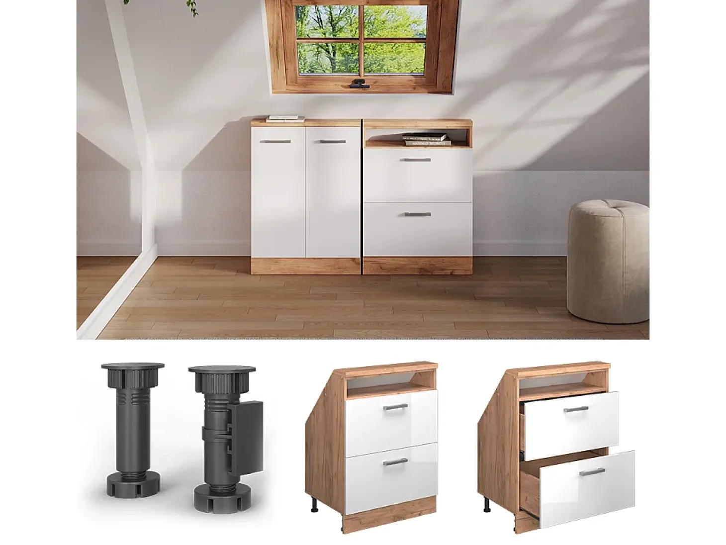 Armário de cozinha para sótão inclinado branco alto brilho 60x46x81.6 r-line