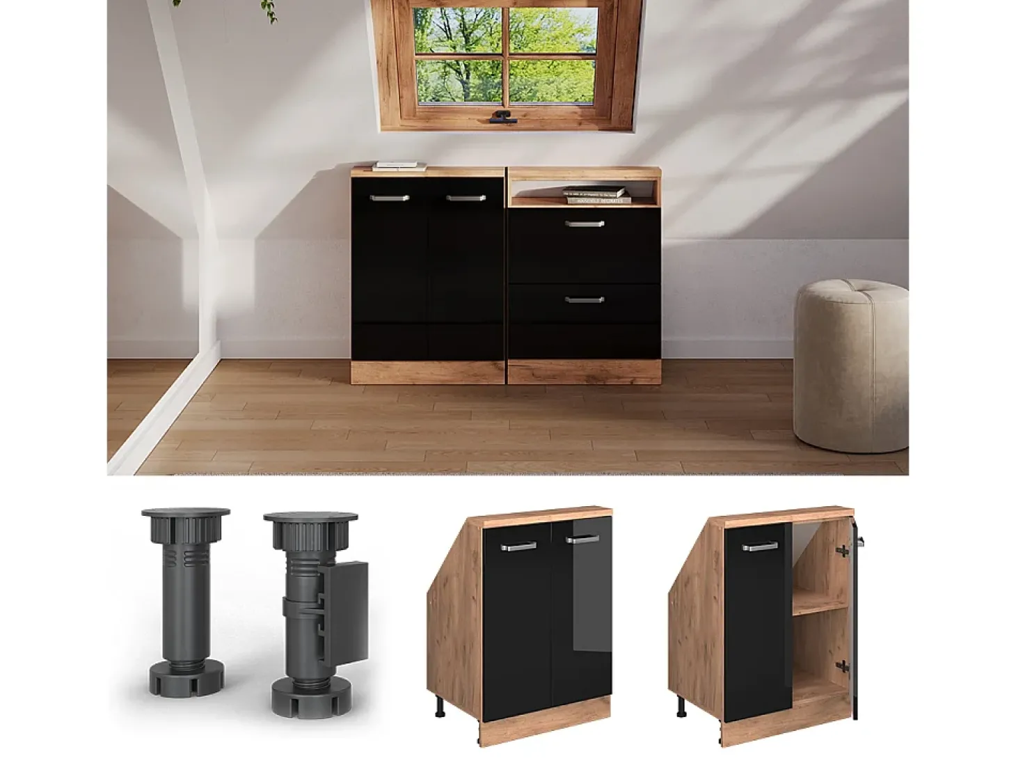 Armário de cozinha para sótão inclinado preto alto brilho 60x46x81.6 r-line
