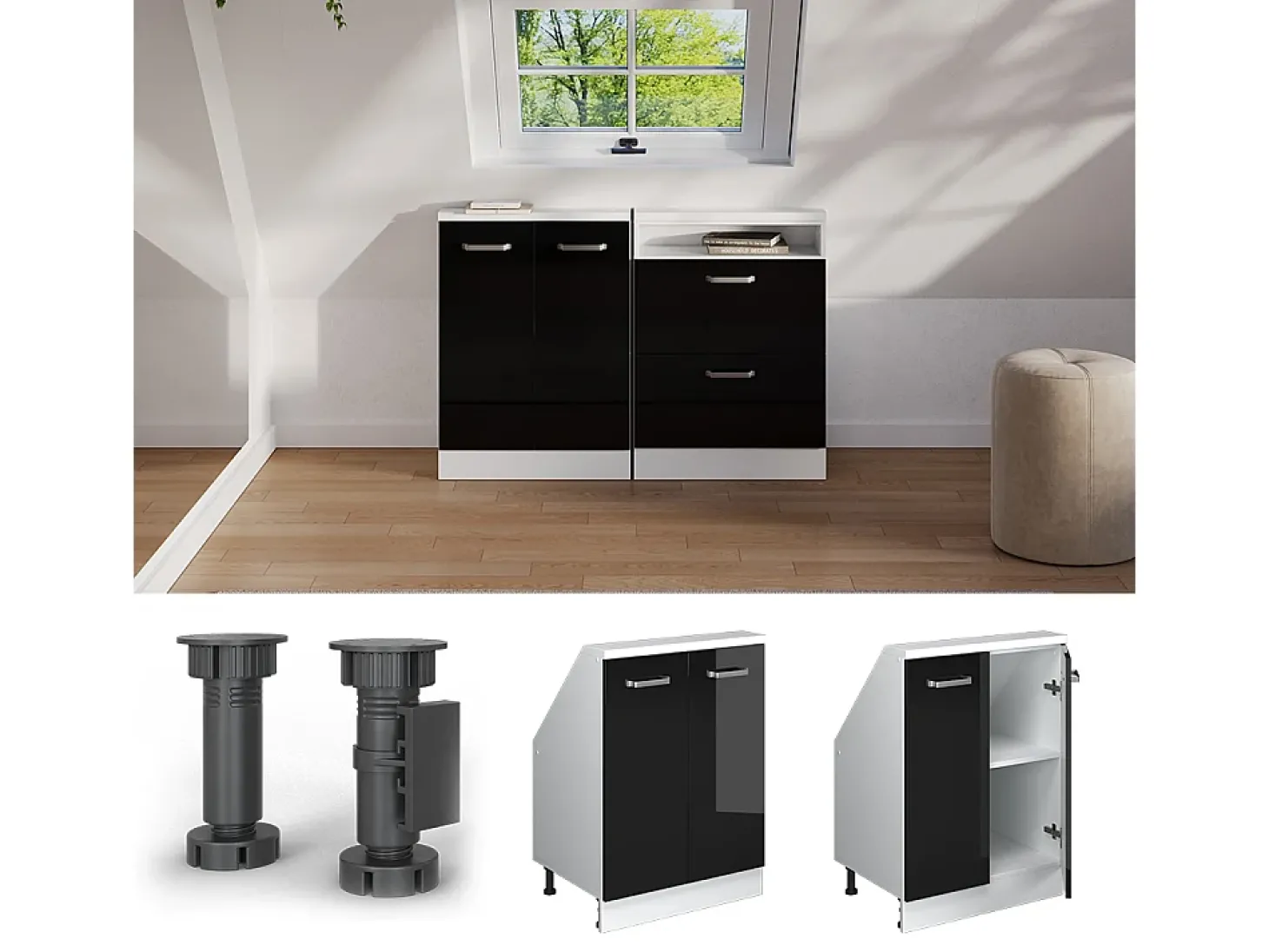 Armário de cozinha para sótão inclinado preto alto brilho 60x46x81.6 r-line