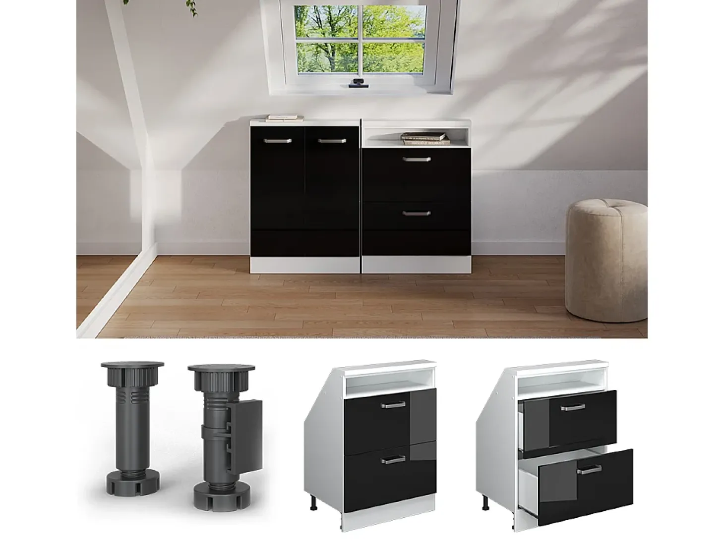 Armário de cozinha para sótão inclinado preto alto brilho 60x46x81.6 r-line