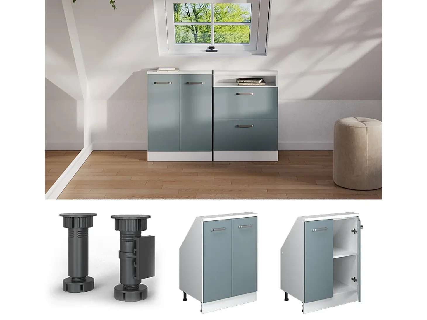 Armário de cozinha para sótão inclinado azul-cinza 60x46x81.6 r-line