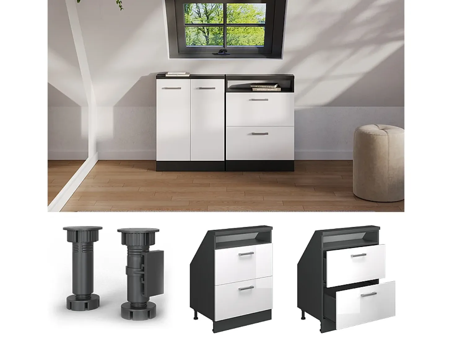 Armário de cozinha para sótão inclinado branco alto brilho 60x46x81.6 r-line