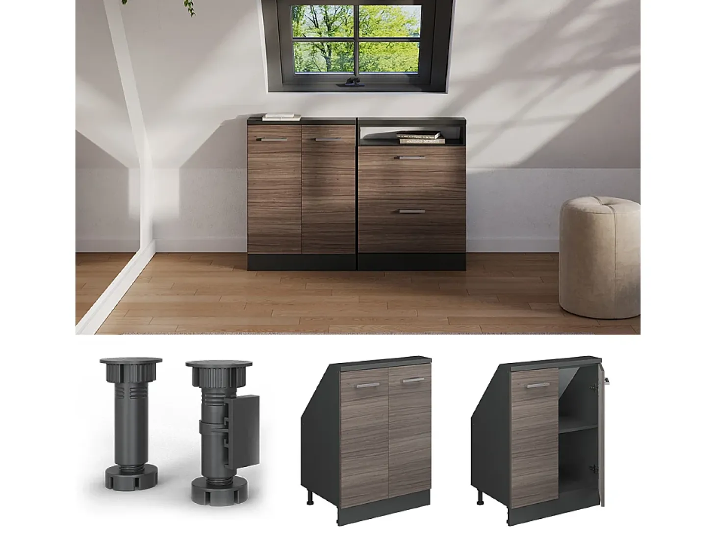 Armário de cozinha para sótão inclinado cinza nobre 60x46x81.6 r-line