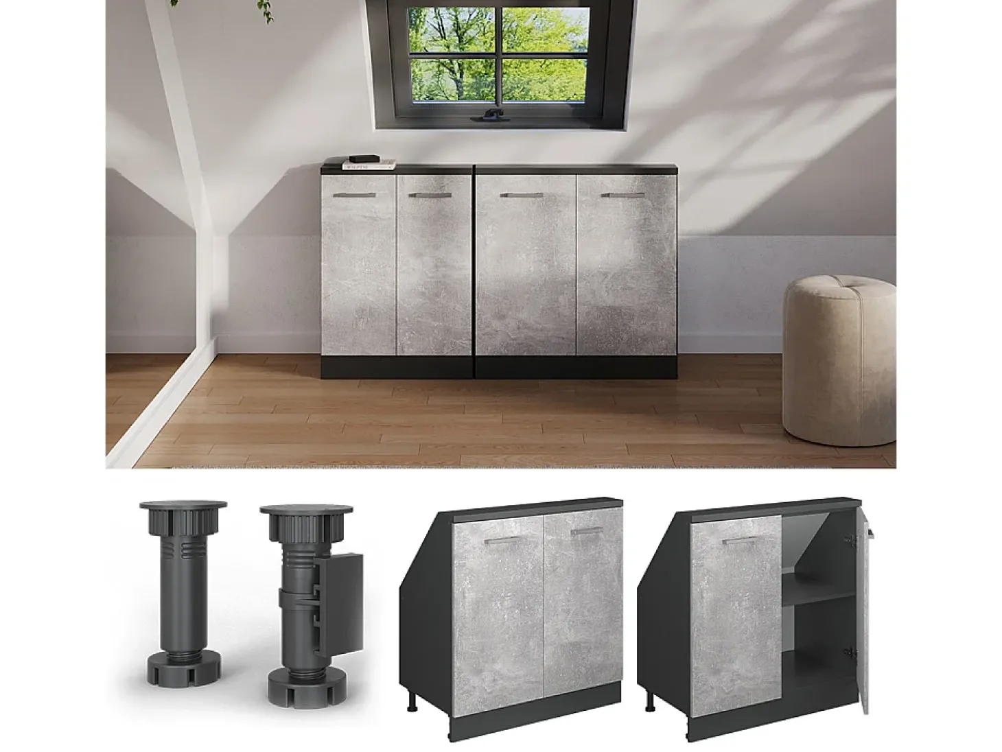 Armário de cozinha para sótão inclinado betão 80x46x81.6 r-line