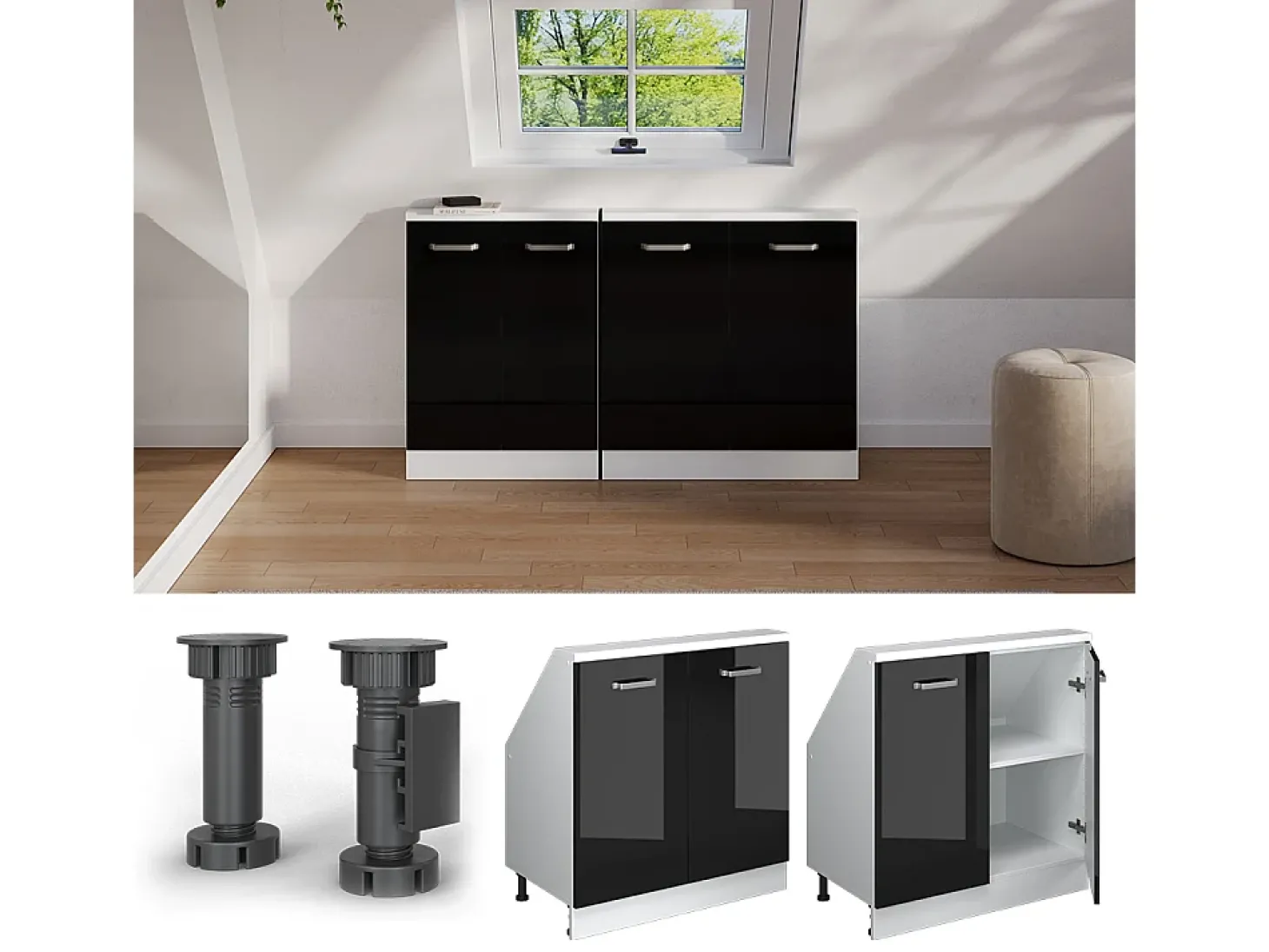 Armário de cozinha para sótão inclinado preto alto brilho 80x46x81.6 r-line