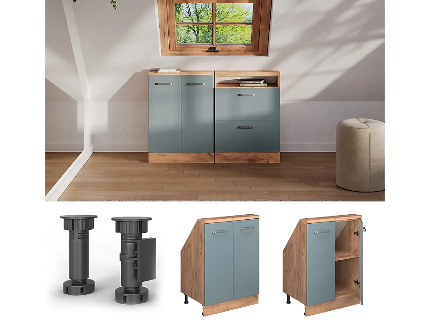 Armário de cozinha para sótão inclinado azul-cinza 60x46x81.6 r-line