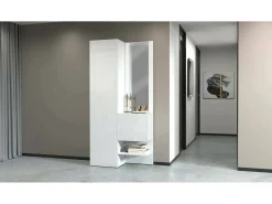 Armário de entrada Dcristant, Armário multifuncional com 2 folhas, Armário multiuso com espelho, 90x35h190 cm, Branco