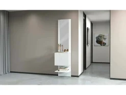 Armário de entrada Dcuadrad, Armário multifuncional com espelho, Sapateira de 1 folha, 45x35h190 cm, Branco