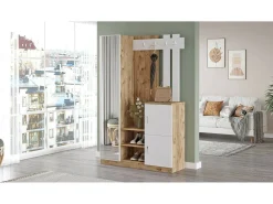 Armário de entrada Dgagn, Entrada de cabide, Composição para o átrio, Consola de armazenamento multifuncional, 114x38h180 cm, Carvalho e Branco