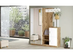 Armário de entrada Dgautier, Entrada de cabide, Composição para átrio, Consola de armazenamento multifunções, 147x38h180 cm, Carvalho e Branco